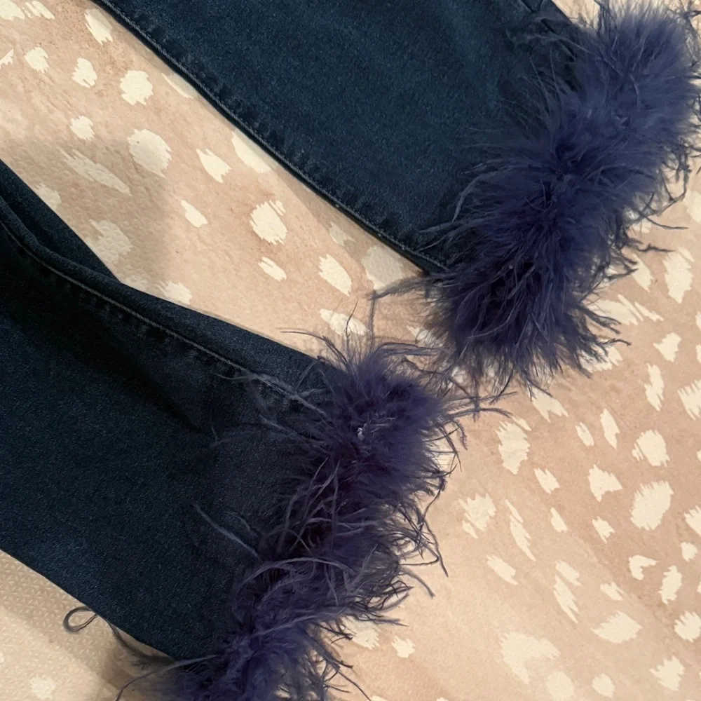 Boohoo Dark Blue Straight Leg Jeans with Feather Hem